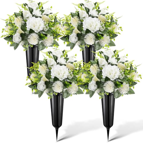 4 Set 8 Pcs Artificial Cemetery Peony Flowers with Vase for Grave White Artificial Peony Bouquet Memorial Day Father's Day Funeral Gravesite Flowers for Outdoor Cemetery Headstones Lawn Yard - color: White, style: Peony
