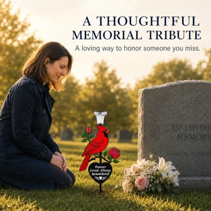 Solar Cardinal Memorial Garden Stake with 'Always Loved, Never Forgotten' Sentiment, Red Bird and Rose Design (Heart Shaped)