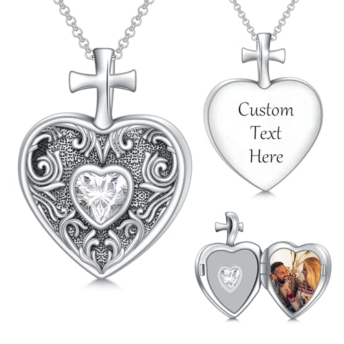 925 Sterling Silver Memorial Jewelry Urn Necklaces for Ashes, Photo Locket Necklace that Holds Picture - color: Cross Heart Locket-P