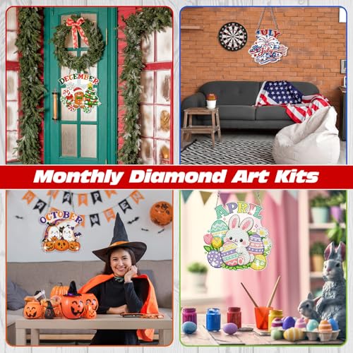 Cinnvoice Seasonal Diamond Art Hanging Kit,12 Pcs,Month | Holiday Diamond Art Wreath Ornament, Month Gem Hanging Sign, Festival Crystal Suncatcher, for Door Window Wall Home Decor - style: Month