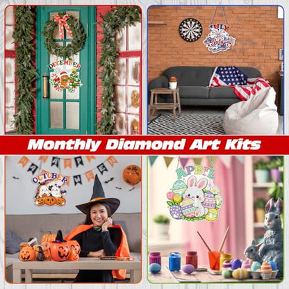 Cinnvoice Seasonal Diamond Art Hanging Kit,12 Pcs,Month | Holiday Diamond Art Wreath Ornament, Month Gem Hanging Sign, Festival Crystal Suncatcher, for Door Window Wall Home Decor - style: Month