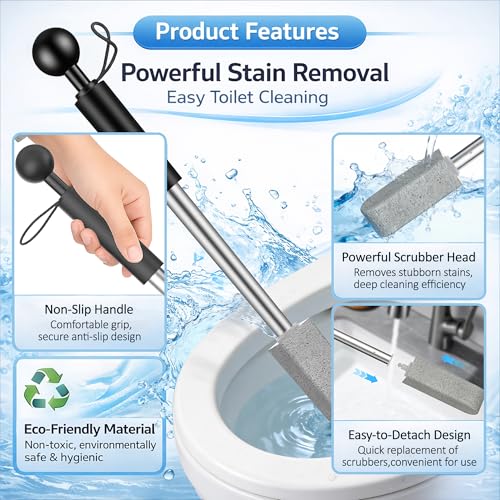 Pumice Stone Toilet Cleaner with Handle – 4 No-Touch Heads for Hard Water - color: Black+Grey