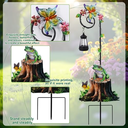 Solar Frog Lantern Garden Stake 31.5in Metal Night Light Outdoor Art - color: Frog