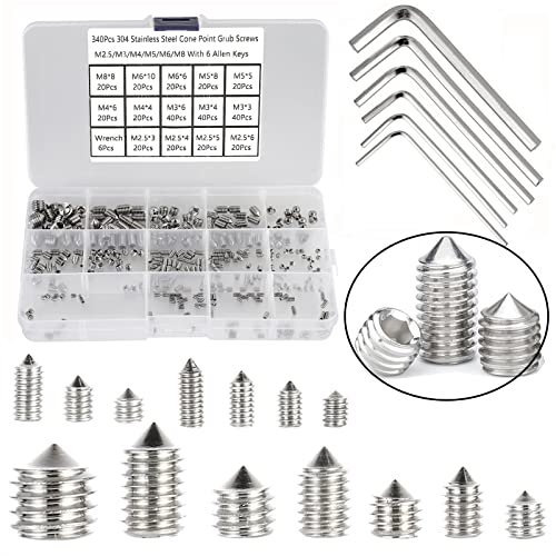 340Pcs Metric M2.5/M3/M4/M5/M6/M8 304 Stainless Steel Allen Head Hex Socket Cone Point Set Screws,Internal Hex Drive Grub Screws,Tip Point Headless Set Screw Assortment Kit with 6 Hex Wrenches - color: Silver-340pcs Metric M2.5-M8 Cone Point Set Screw
