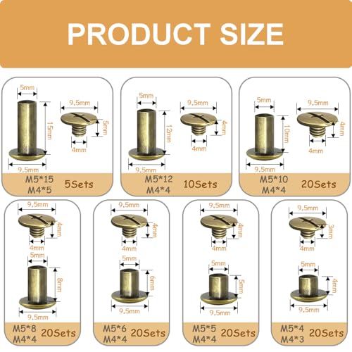 zDwfDc 115Sets Chicago Screws for Leather Rivet Kit M5*4, 5, 6, 8, 10, 12, 15 Bronze Brass Rivets for Leather Tools DD031-GT - color: Bronze