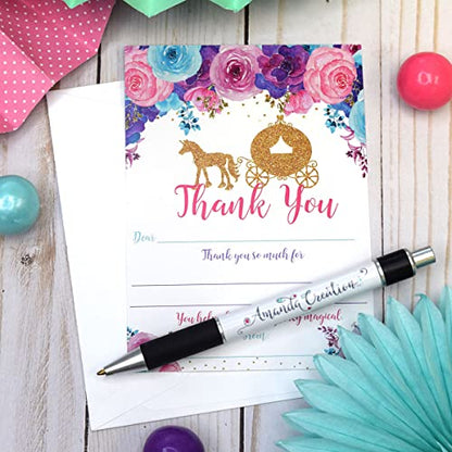 Royal Celebration Princess Carriage Theme Girls Birthday Thank You Cards, 10 Fill-In 4x5.5 Cards with White Envelopes, Gold Glitter Fairytale Party Design, Made in USA by Amanda Creation - style: Royal Celebration Gold Glitter Princess Carriage
