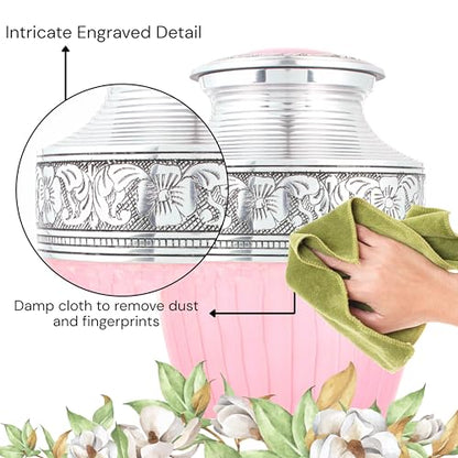 Alpha Living Home Cremation Urn for Human Ashes, 200+ cu in, Pink Silver - color: Pastel Silver, size: Hand Engraved