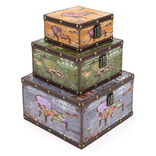 Jolitac Wood Storage Box Set of 3, Vintage Decorative Nesting Boxes Wooden Treasure Storage Crates With Latch, Home Decor Rustic Antique Boxes With Lid for Photos, Jewelry, Cash (Chair) - color: Chair
