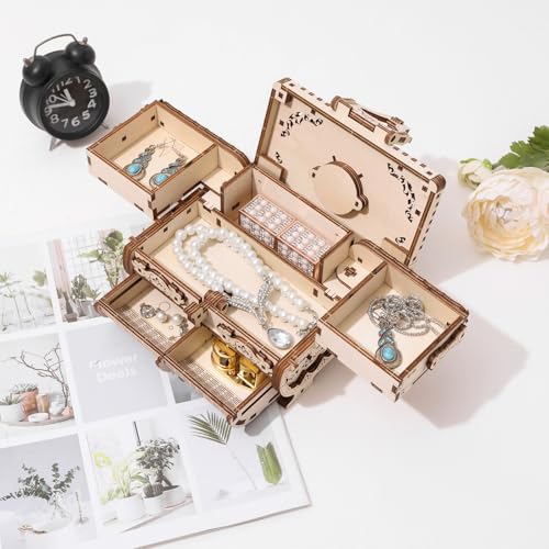 DIY Wooden Music Box Kit 3D Wooden Puzzle for Adults, Mechanical Model Antique Treasure Jewelry Box, Build Your Own Home Decoration Mother's Day Birthday Gift for Women Her