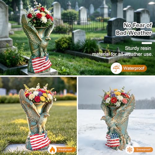Cemetery Vase with Metal Spikes- Eagle Statue Flower Holder with Drainage Hole- Grave Flowers Vase for Artificial Flowers- Memorials Patriotic Vase for Independence Day (Eagle)