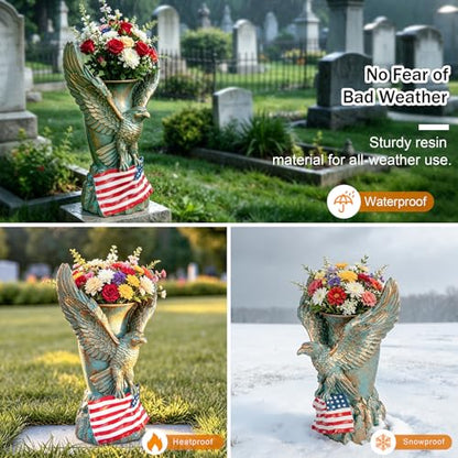 Cemetery Vase with Metal Spikes- Eagle Statue Flower Holder with Drainage Hole- Grave Flowers Vase for Artificial Flowers- Memorials Patriotic Vase for Independence Day (Eagle)