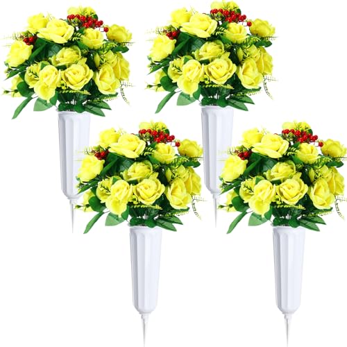 Tigeen 4 Sets Artificial Cemetery Flowers with Vase for Grave,White, Yellow - color: White, Yellow
