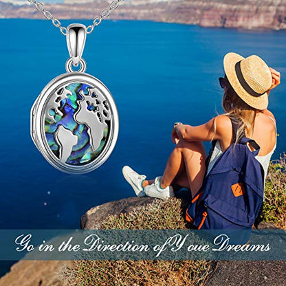 Lotus Locket Necklace Sterling Silver Lotus Flower Locket Necklace That Holds Pictures Yoga Locket Pendant Mother's Day Gifts for Women Wife Mom - style: World Map