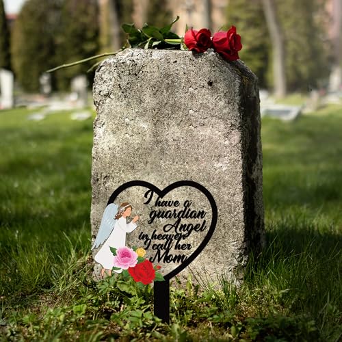 BUoonyer Stake Graves Cemetery Decorations - Mom Metal Memorial Grave Marker, Mother Heart Graveyard Sympathy Plaque, Angel Flower Remembrance Graveside Burial Decor Sign for Outside Yard Garden - style: Angel Mom