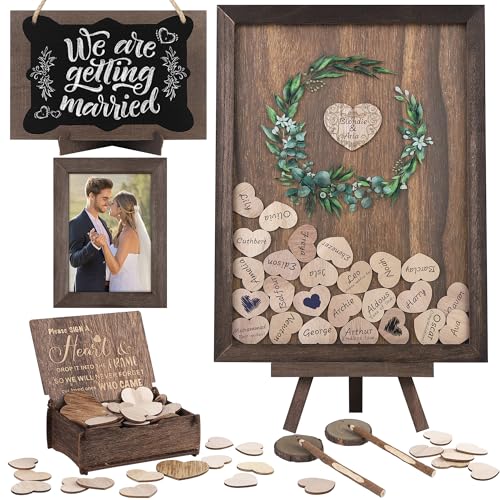 Aodaer Wedding Guest Book Alternative Drop Top Frame Heart Drop Wood Guest Book with Stand 122 Wooden Hearts Pens Box Mini Blackboard Rustic Wedding Decorations for Reception Baby Shower, Brown