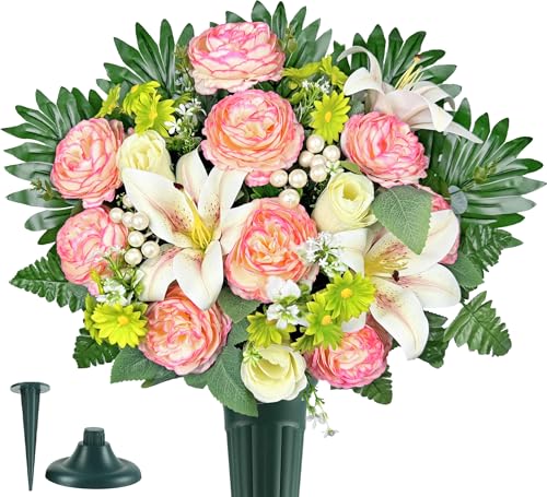 Artificial Flowers for Cemetery with Vase,Gravesite Flowers for Grave Vase,Florist Create Memorial Tombstone Bouquet:Red Peony,Pink Lily Daisy Ranunculus,Easy use