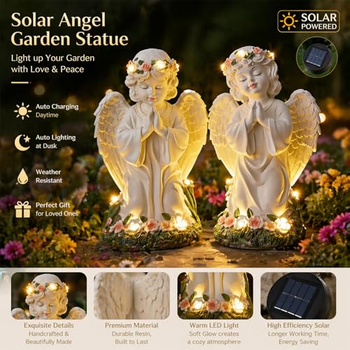 Amyhill 2 Pack Angel Garden Decor Statue Solar Outdoor Figurine Angel Gifts for Women Mom Grandma Light up Cherub Ornaments Outside Yard Lawn Patio Porch Sculpture Decorations