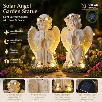 Amyhill 2 Pack Angel Garden Decor Statue Solar Outdoor Figurine Angel Gifts for Women Mom Grandma Light up Cherub Ornaments Outside Yard Lawn Patio Porch Sculpture Decorations