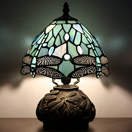 Small Tiffany Lamp Mini Stained Glass Table Lamp Sea Blue Dragonfly Style | Mushroom Desk Light Memory Sympathy Lamp 8X11 Inch - color: Sea Blue Dragonfly Style