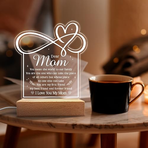 SANDJEST Acrylic Night Light Gift for Mom - Mother Night Light - You Mean The World to Our Family Night Lights Lamp Gift for Moms from Daughter Son on Birthday Christmas Valentines - color: Dear Mom