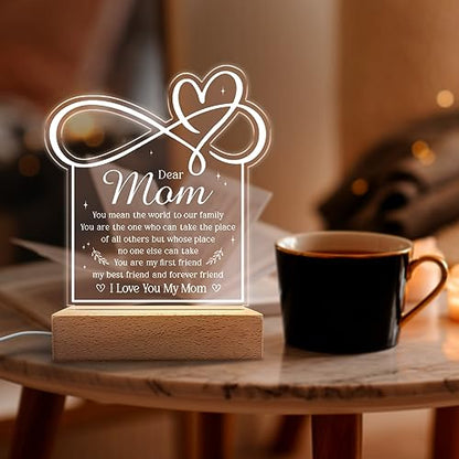 SANDJEST Acrylic Night Light Gift for Mom - Mother Night Light - You Mean The World to Our Family Night Lights Lamp Gift for Moms from Daughter Son on Birthday Christmas Valentines - color: Dear Mom