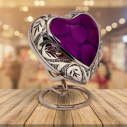 Classic Heart Shape Keepsake Urn for Human Ashes – With box and Stand - Lovely Purple Color 7 cms high