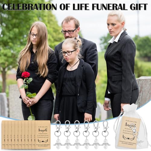 50 Sets Funeral Favors for Guests 50 Celebration of Life Angel Keychain Pearl Keychain 50 Memorial Seed Packets Small Envelopes and Organza Bags Funeral Memorial Party Guests Gifts, No Seed