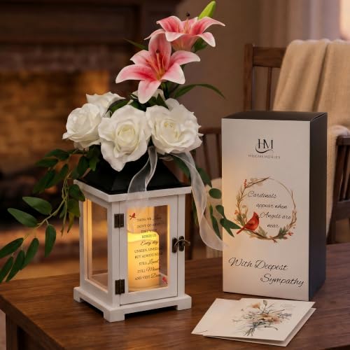 Sympathy Memorial Lantern with Lily Rose Flower, Sympathy Gifts for Loss of Mom Dad, Funeral Remembrance Bereavement Gifts for Loss of Loved One - color: Cardinal/White