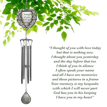 Memorial Wind Chimes Outdoor – Sympathy Gift Loss of Loved One – I Thought of You with Love Today Poem – Angel Wings Heart Teardrop Charm – in Loving Memory Wind Chime - 23 Inch