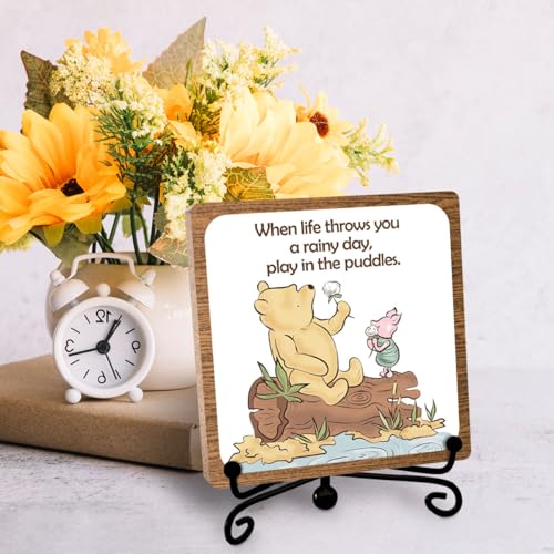 Inspirational Winnie Desk Sign, Positive Affirmation Table Decor, 5″x 5″ | Motivational Gifts for Women, Men, Friends, Coworkers, Positive Office Decorations for Desks, Cubicles, Shelves - style: Play in the puddles