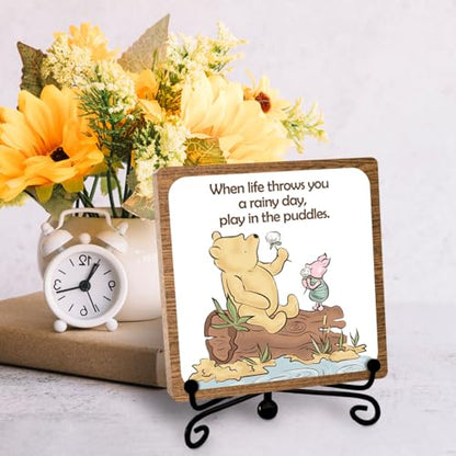 Inspirational Winnie Desk Sign, Positive Affirmation Table Decor, 5″x 5″ | Motivational Gifts for Women, Men, Friends, Coworkers, Positive Office Decorations for Desks, Cubicles, Shelves - style: Play in the puddles