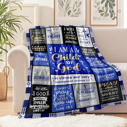 Christian Blanket Gifts for Men, Baptism Gifts for Boys, Inspirational Birthday Religious Catholic Spiritual Gift for Man Son Dad, Bible Verse Throw Blanket 50"x40" - color: Blue Christian