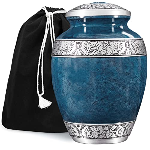 Cremation Urn for Adult Human Ashes - Funeral Memorial - (Blue - 10" x 7") | Made of Aluminum, 200 Cubic Inch Capacity