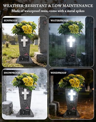 2 Pack Solar Cemetery Vase with LED Cross Lamp Flower Holder - color: White Light 2pcs