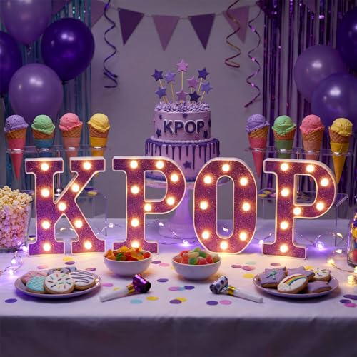 4 Pcs Kpop Birthday Decorations Purple 8.6 Inch Kpop LED Letter Lights Pop Prom Party Supplies Music Theme Anniversary for Character Fans Super Singer Birthday Decorations for Wall Shelf Table - style: Kpop