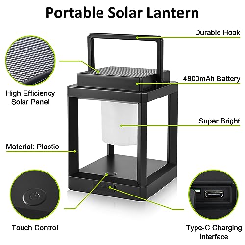 Solar Lantern Outdoor Table Lamp, Cordless Rechargeable Light | Bright, 4800mAh, 50H Battery Life, Portable LED Light , USB-C & Solar Charging, for Camping, Backyard, Patio Decor, 3 Level