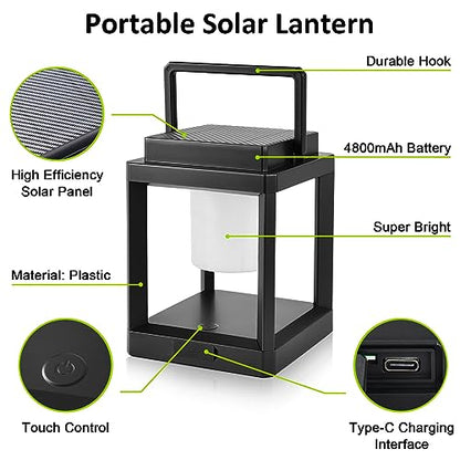 Solar Lantern Outdoor Table Lamp, Cordless Rechargeable Light | Bright, 4800mAh, 50H Battery Life, Portable LED Light , USB-C & Solar Charging, for Camping, Backyard, Patio Decor, 3 Level
