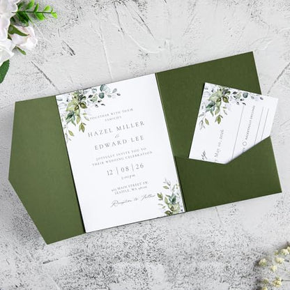 20Pcs 5.12x7.09 inch Tri-fold Wedding Invitation Cards for Quinceanera Bridal Shower Baby Shower Party Invite (Olive Green) - color: Olive Green