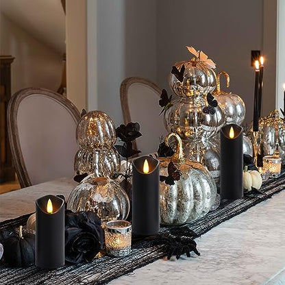 Homemory Black Flameless Candles, Halloween Candles, Battery Operated Candles, LED Pillar Candles with Remote Control and Timers, Set of 9 | Plastic shell, battery operated flickering c, les, dual remotes, indoor Halloween party, mantel, staircase , table