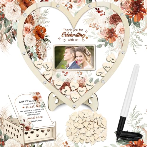 Chunful Hearts Guest Book Alternative with 100 Wooden Hearts Chips Box and Pen Brown Wooden Heart Picture Frame Rustic Guest Book Reception for Wedding Baby Shower Birthday Ceremony(Bohemia) | Drop Box with Photo Frame and Pen, Rustic Decor for Reception