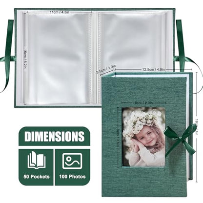 Photo Album 4x6 100 Pockets, Slip-in Picture Albums, Linen Cover Top Loader Vertical Pockets Albums for Baby, Kids Boy Girls, Wedding, Family, Anniversary, Dark Green - color: Dark Greed, size: 100 Pockets white Bandage