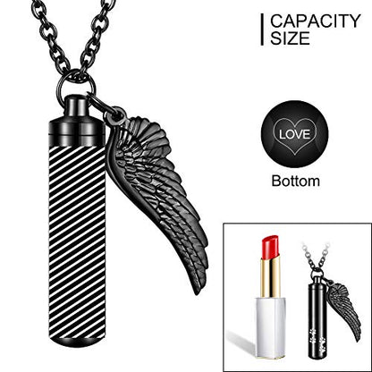 abooxiu Cylinder Cremation Urn Necklace with Angel Wing Pet Paw Ashes Keepsake Jewelry - color: Black-L