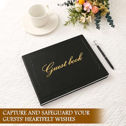 8x10 Inch Wedding Guest Book - 120 Blank & Lined Pages, Gold Foil PU Leather Hardbound Cover, Durable Sewn Binding, Black - color: Black