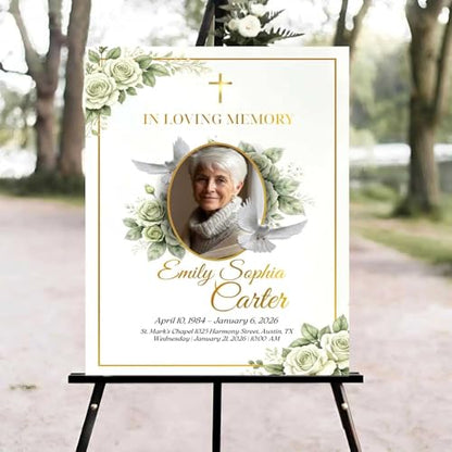 Celebration of Life Welcome Sign, White Rose Funeral Welcome Sign, in Loving Memory Sign, Celebration of Life Funeral Sign, Celebration of Life Sign, Memorial Sign with Photo #Ki1 - color: Version #12