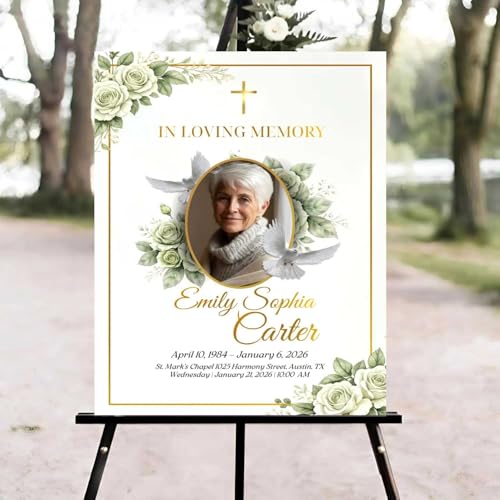 Celebration of Life Welcome Sign, White Rose Funeral Welcome Sign, in Loving Memory Sign, Celebration of Life Funeral Sign, Celebration of Life Sign, Memorial Sign with Photo #Ki1 - color: Version #12