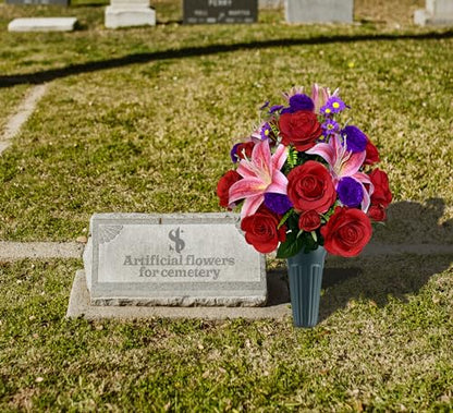 Artificial Cemetery Flowers with Vase, Artificial Rose Lily Carnation Bouquet, Graveyard Memorial Flowers for Cemetery Headstones Decoration