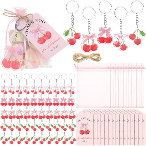Equsion 50 Sets Cherry Party Favors for Guest Pink Bow Cherry Acrylic Keychain with Pink Organza Bags and Thank You Tags for Spring Birthday Bridal Wedding Baby Shower Party Supplies - style: Cherry