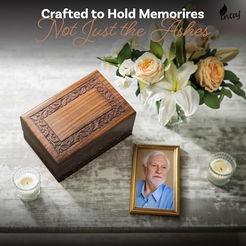 Borders Wooden Urns for Human Ashes Adult Funeral Urn, Wooden Cremation Urns for Ashes Engraving, Wooden Box (L (9x6x5) 185 Cu/in, Custom Border Carved) | Hand-carved solid sheesham rosewood, screw-locked sliding base, engraving available, holds up to 180