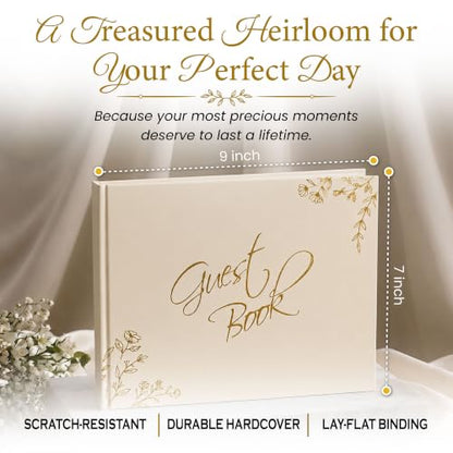 Wedding Guest Book, 100 Blank Pages, 9×7" Gold Foil Hardcover - color: Cream