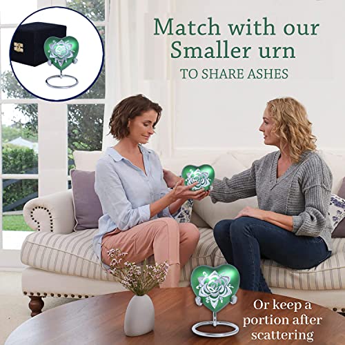 Rose Heart Keepsake Urn for Human Ashes Floral Mini Memorial Urn with Stand & Velvet Gift Box (Green) - color: Green